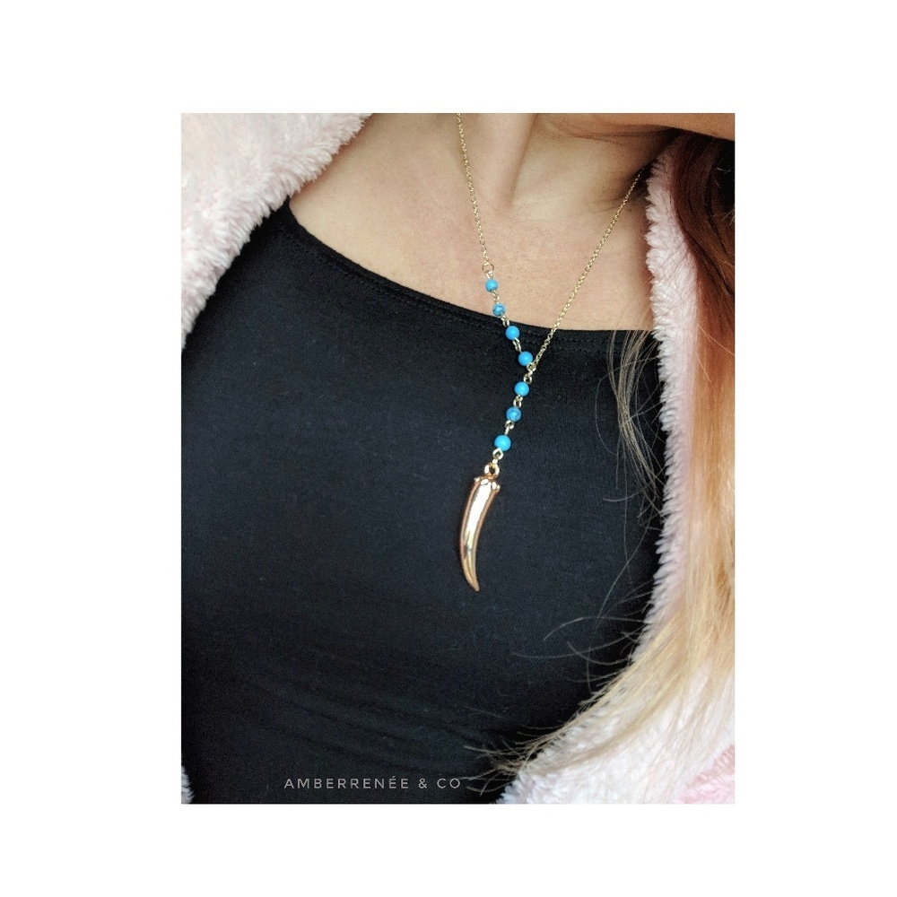 14k Turquoise Beaded Drop Y Chain Dangle Tusk